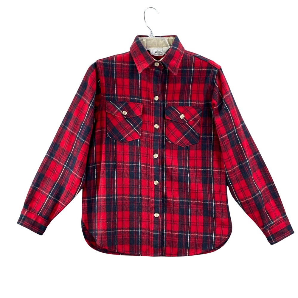 Woolrich Flannel Shirt Women 11/12 Red Plaid Vintage Wool Blend Made in USA Camp
